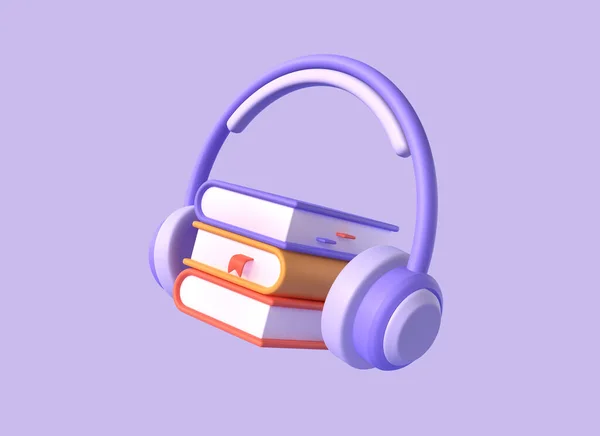 Icono Pila Libros Auriculares Estilo Dibujos Animados Concepto Escuchar Audiolibros — Foto de Stock