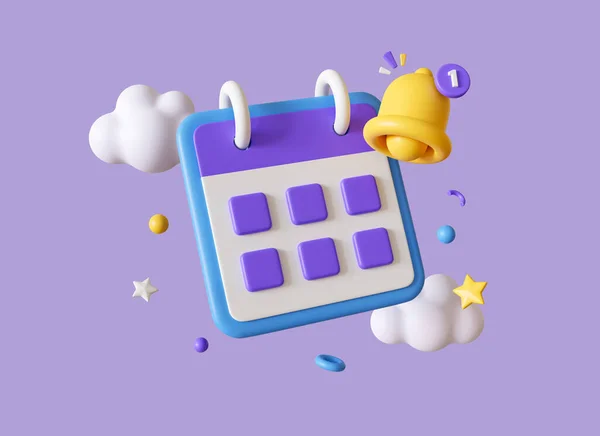 3d calendar and golden bell icon in cartoon style. the concept of planning and reminders in the form of notification of cases or meetings. illustration isolated on purple background. 3d rendering