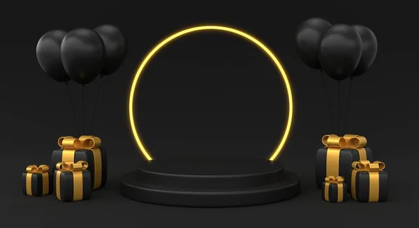 Černé Dárkové Krabice Zlatými Luky Balónky Pódiem Neonovým Kroužkem Realistickém — Stock fotografie