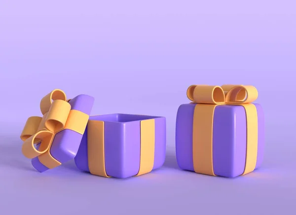 Purple Gift Boxes Yellow Bows Realistic Cartoon Style Open Closed — Stock Photo, Image