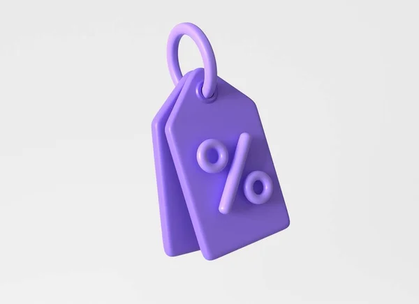 3D价格标签与紫色百分比符号的卡通风格 折扣销售概念 3D在白色背景上隔离的复层 — 图库照片