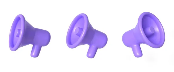 不同位置的3D紫色扩音器 用现实的卡通风格来说明 3D渲染孤立的白色背景 — 图库照片