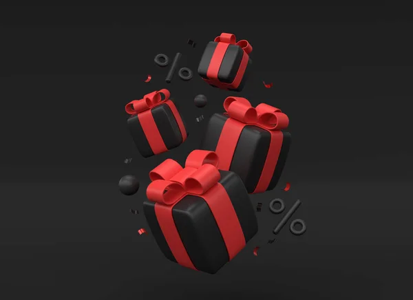 3D黑色礼品盒 秋季为红色蝴蝶结 百分比图标和意大利面 风格简约实用 黑色星期五或新年促销横幅 — 图库照片