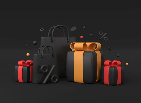 3D黑色礼品盒 红色和黄色蝴蝶结 购物袋和百分比标志 简约的现实主义风格 黑色星期五或新年的广告横幅 3D渲染 — 图库照片