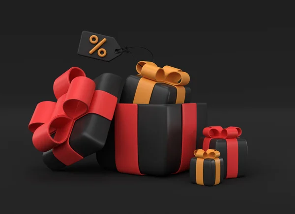 3D黑色礼品盒 红色和黄色蝴蝶结 价格标签 百分比 简约的现实主义风格 黑色星期五或新年的广告横幅 3D渲染 — 图库照片