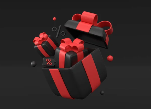 3D打开大的黑色礼品盒 里面放着小礼物 简约实用的风格 黑色星期五或新年的广告横幅 3D渲染 — 图库照片