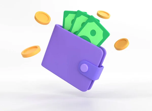 3D財布 緑の銀行券 ミニマルな漫画スタイルの金のコイン 白を基調としたイラストです 3Dレンダリング — ストック写真