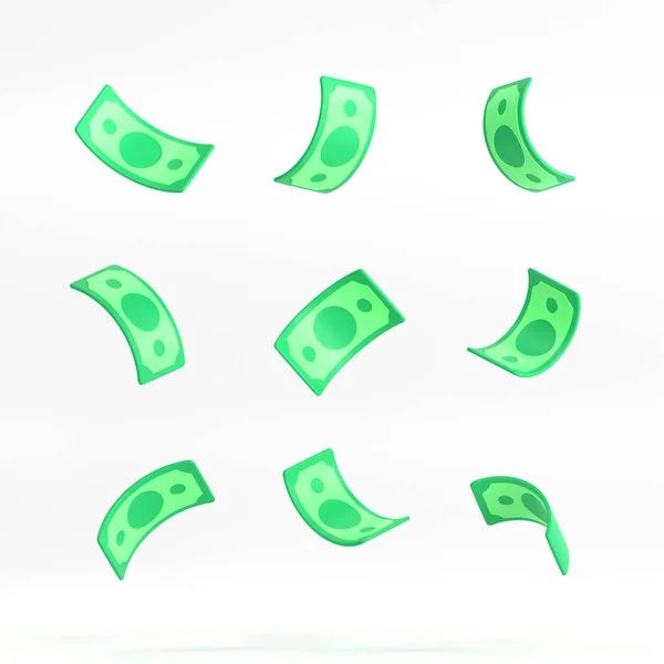 3D以简约的卡通风格 在不同的地方发行绿色钞票 从白人背景分离出来的钱 商业和金融投资概念 3D渲染说明 — 图库照片