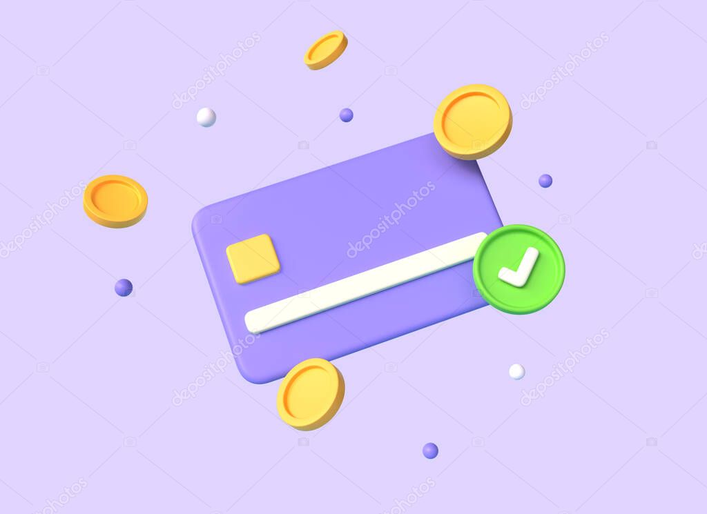 3d credit card and golden montes in the fall and green checkmark illustration in cartoon style. the concept of cashless payment or contactless payment, loans processing. 3d rendering