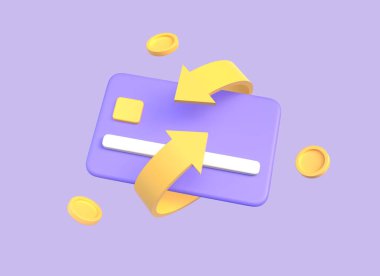 3D kredi kartı, bozuk paralar ve çizgi film tarzında ok simgesi. Kredi kartı iadesi, online ödeme, para tasarrufu, para transferi. 3d oluşturma
