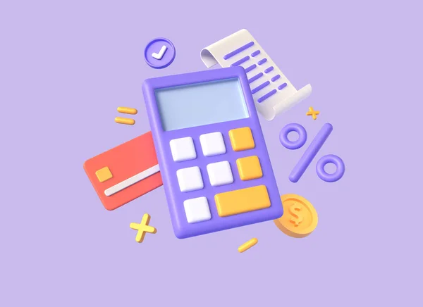 3D卡通式计算器 硬币和信用卡 财务管理或货币规划的概念 税收和金融 在紫色背景上孤立的图解 3D渲染 — 图库照片