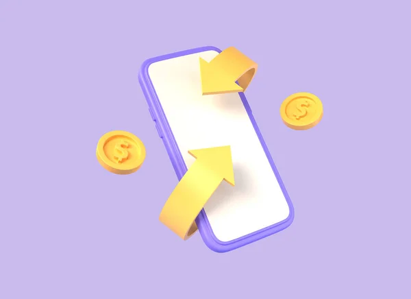 3D手机和金币的卡通风格 还现金和钱 网上购物省钱的概念 在紫色背景上孤立的图解 3D渲染 — 图库照片