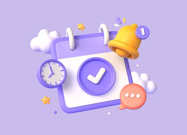 3d calendar, clock and bell in cartoon style. financial reminder. payday or tax reminder. illustration isolated on purple background.3d rendering