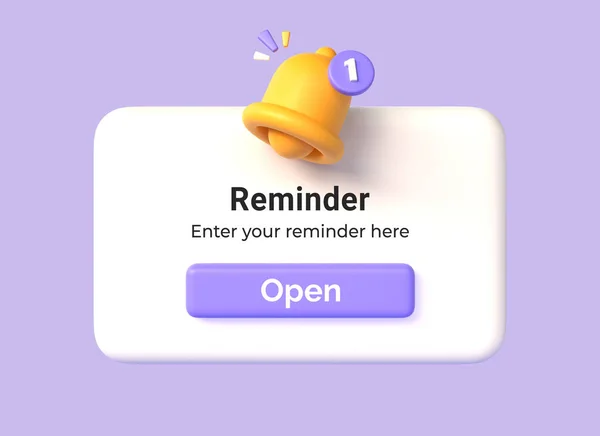 黄色の鐘と漫画のスタイルで開いてボタンを持つ3D通知ボックス リマインダーやビジネス企画イベントのコンセプト 紫色の背景に描かれています 3Dレンダリング — ストック写真