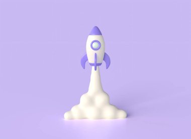 3d rocket or spaceship in cartoon style. startup or business start concept. illustration isolated on purple background. 3d rendering.