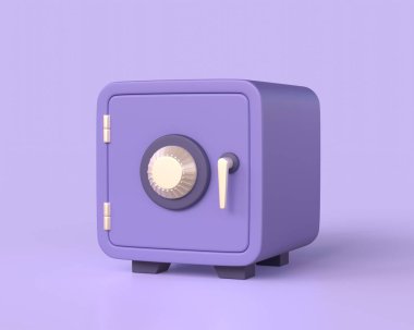 3d safe in cartoon style. the concept of safe storage of money, bank deposit. illustration isolated on purple background. 3d rendering