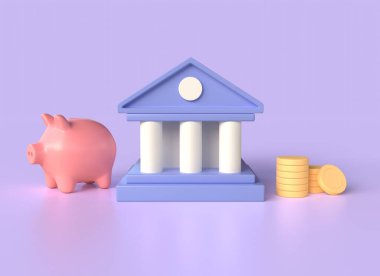 financial management. 3d bank and gold coins in cartoon style. loans, withdrawals, deposits, transactions. illustration isolated on purple background. 3d rendering