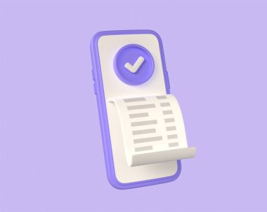 3d mobile phone with check mark on screen and receipt .concept of online payment, transaction confirmation, finance management via phone. 3d rendering. illustration isolated on purple background.