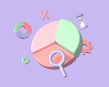 3d pie chart,magnifying glass,hourglass and percent sign in cartoon style.profitability or profitability analytics. business infographics of financial expenses and income.3d rendering