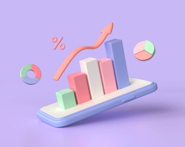 3d mobile phone with graph on screen, red arrow and pie charts. stock trading concept. business and finance. illustration isolated on purple background. 3d rendering