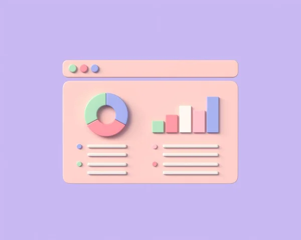3d window with pie chart in cartoon style. financial report chart.Internet marketing and data analysis. illustration isolated on purple background.3d rendering