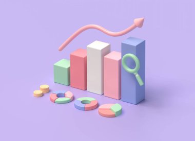 3d graph, arrow, gold coins and pie chart. business and financial management, data analytics. illustration isolated on purple background. 3d rendering