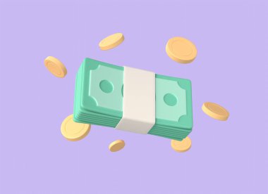 3d bunch of green banknotes and gold coins around. concept of business and finances, cash settlement. illustration isolated on purple background. 3d rendering