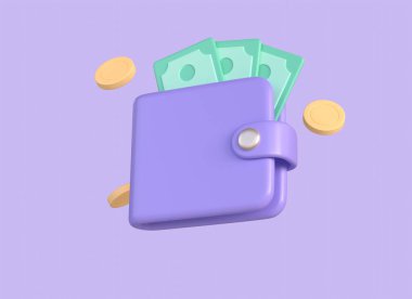 3d wallet and green banknotes in cartoon style. concept of payment for services or accumulation of finance. illustration isolated on purple background. 3d rendering