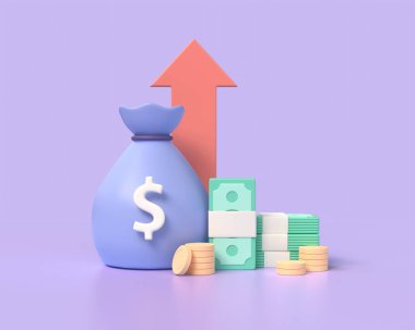 3d money bag, gold coins, bundles of green banknotes and a red arrow up. the concept of growing vinance income or savings. illustration isolated on purple background. 3d rendering.