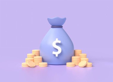 3d money bag, stacks of gold coins in cartoon style.concept of payment for services or accumulations of finance. illustration isolated on purple background. 3d rendering