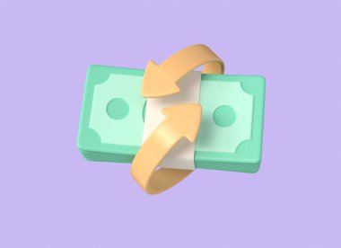 3d pack of green banknotes and arrows around in cartoon style. the concept of cashback or money back, currency exchange, payment for services. illustration isolated on purple background. 3d rendering