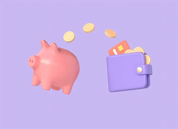 3d pig piggy bank, wallet with gold coins and credit card. the concept of transferring money or savings. illustration isolated on purple background. 3d rendering