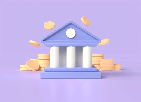 financial management. 3d bank and gold coins in cartoon style. loans, withdrawals, deposits, transactions. illustration isolated on purple background. 3d rendering
