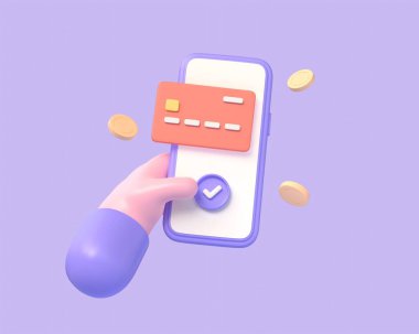 3d cartoon character hand holding mobile phone, credit card and golden coins. money transfers, payment for goods, digital payments or transactions. 3d rendering