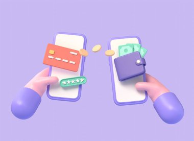 3d cartoon character hand holding a mobile phone, a credit card, a wallet with banknotes and gold coins. money transfers, payment for goods, digital payments or transactions. 3d rendering