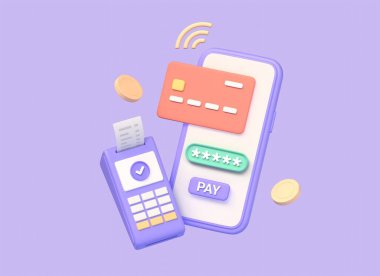 3d mobile phone, terminal, credit card and gold coins. mobile online payments, sending money, paying for purchases with a card. illustration isolated on purple background. 3d rendering