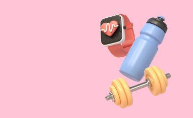 3D plastik su şişesi, dambıl, bilezik ya da kalp işaretli akıllı saat. Sağlıklı yaşam tarzı, spor ve zindelik kavramı. Metin için boş alan. 3B görüntüleme