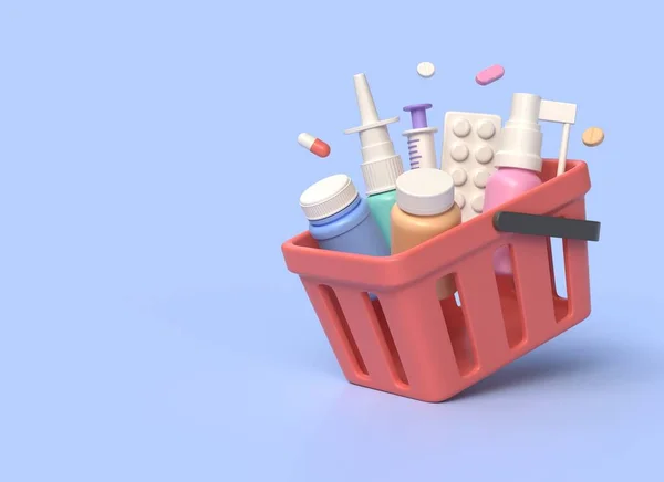 Shopping Cart Jars Pills Syringe Spray Capsules Cartoon Style Medicine — Zdjęcie stockowe