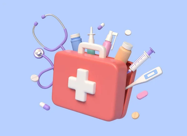 3d medical equipment, first aid kit, syringe, stethoscope, thermometer, pill jars, capsule, spray in cartoon style. medicine and healthcare concept, online doctor consultation.3d rendering