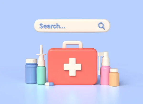 3d medical equipment, first aid kit, pill jars, capsule, spray, search bar in cartoon style. concept of medicine and healthcare, online purchase of medicines. 3d rendering