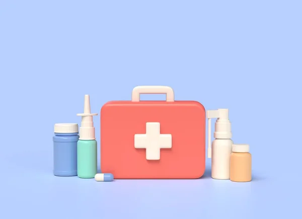 3d medical equipment, first aid kit, pill jars, capsule, spray in cartoon style. concept of medicine and healthcare, online purchase of medicines. 3d rendering