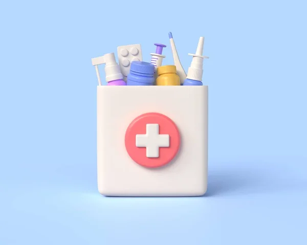 3d package with pills, medicines, jar for pills, spray, thermometer, syringe. online payment in pharmacy and home delivery.Medical care, healthcare concept. 3d rendering.