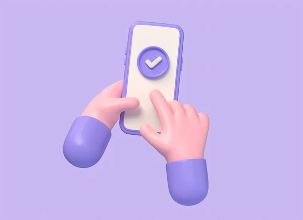 漫画のキャラクターの手に画面上のチェックマークと3D携帯電話 キャラクター フィンガー 仕事をして支払いをした ビジネスコンセプト 紫色の背景に孤立したイラスト 3Dレンダリング — ストック写真