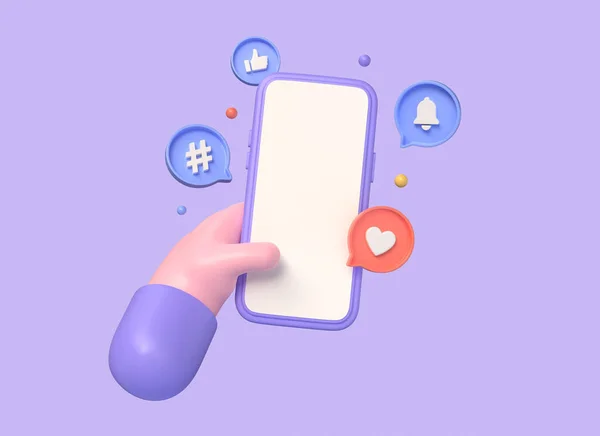 3D手机和社交媒体的通知 大拇指向上 说话泡沫的卡通风格 横幅的设计元素 在紫色背景上孤立的图解 3D渲染 — 图库照片