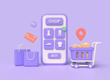3D cep telefonu, alışveriş çantaları, tramvay, kredi kartı, karton kutular. Çevrimiçi alışveriş ve mal teslimatı konsepti, dijital pazarlama promosyonu. 3d oluşturma