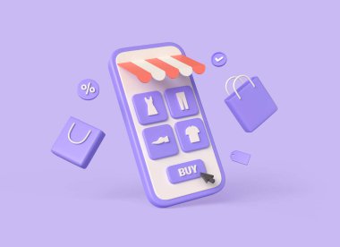 3D cep telefonu, ürün simgeleri, alışveriş torbaları. Çevrimiçi alışveriş ve mal teslimatı kavramı, dijital pazarlama tanıtımı. 3d oluşturma