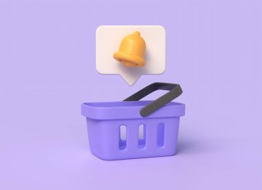 3D alışveriş arabası ve konuşma balonunda zil. Mağazalardaki promosyon ve indirimlerin çevrimiçi tebligatı. Mor arka planda izole edilmiş bir resim. 3d oluşturma