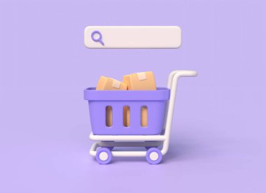 3D alışveriş arabası, arama barı ve karton kutular karikatür tarzı paketler için. Online alışveriş ve teslimat konsepti. Resimler beyaz arkaplanda izole edilmiş. 3d oluşturma