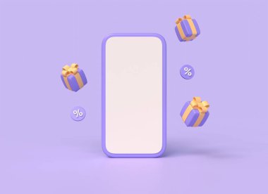 3D cep telefonu, boş ekran ve çizgi film tarzında uçan hediye kutuları. Online mağazalarda promosyon, satış ve indirim kavramı. Mor arka planda izole edilmiş bir resim. 3d oluşturma