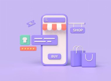 Cep telefonu, çanta, ürün ve yorum tabelasının üç boyutlu çizimi, beş yıldız puanı. Çevrimiçi alışveriş ve ürün teslimatı konsepti, dijital pazarlama promosyonu. 3d oluşturma